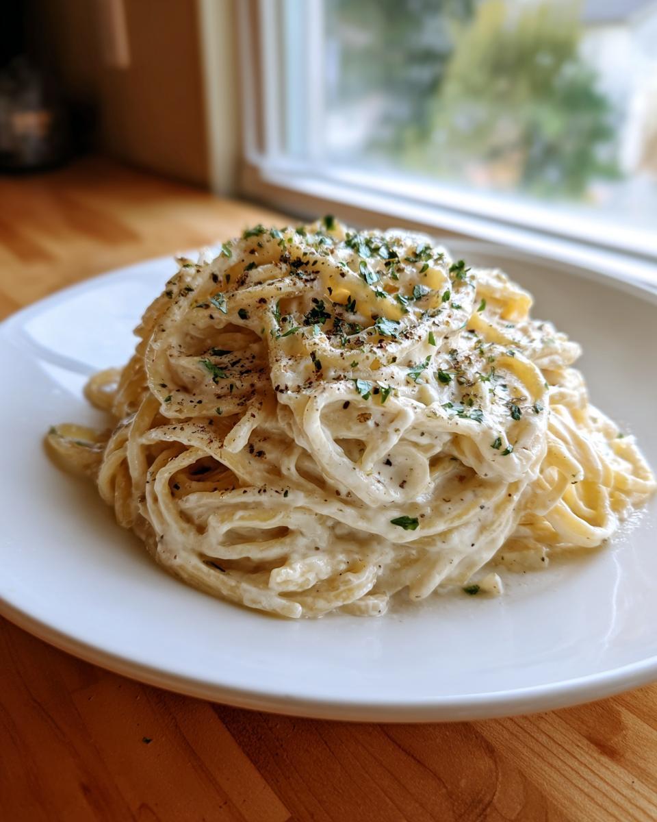 A close-up of creamy parmesan pasta tossed in a rich white sauce, garnished with black pepper and parsley.