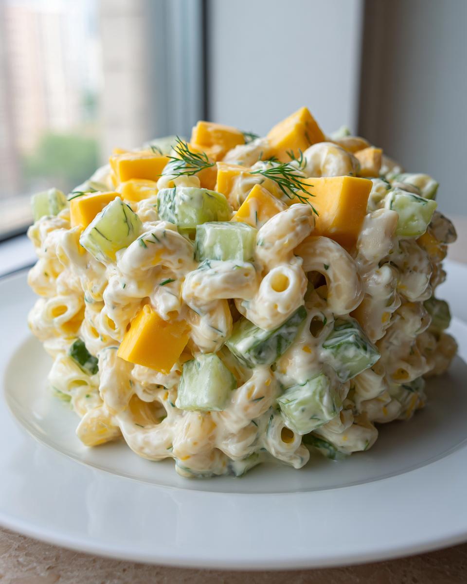 A mound of creamy pickle pasta salad featuring macaroni, diced pickles, cheddar cheese cubes, and dill garnish.