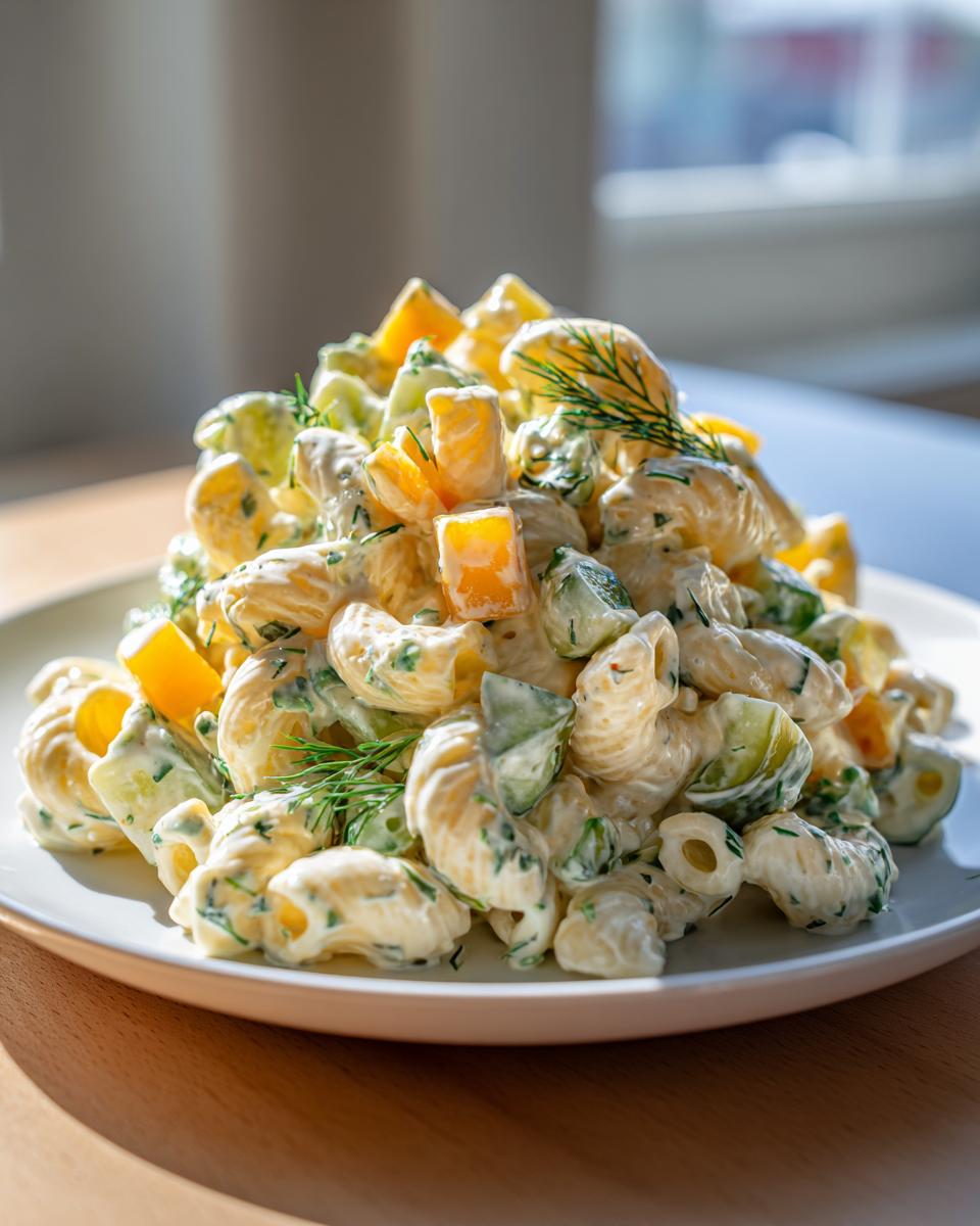 A mound of creamy pickle pasta salad featuring elbow macaroni, dill, cucumber, and orange cheese cubes, garnished with fresh dill.