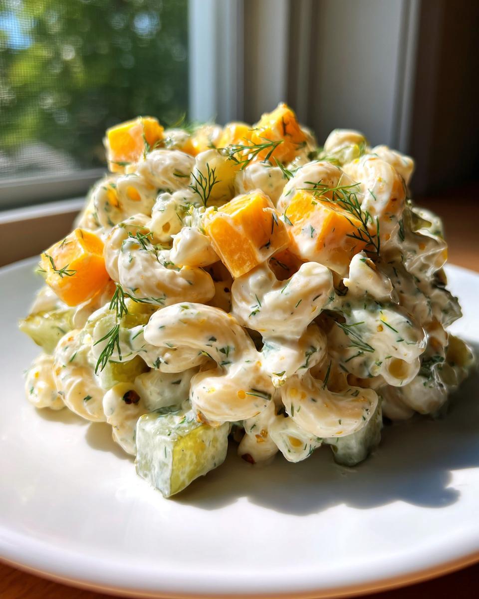 A mound of creamy pickle pasta salad featuring elbow macaroni, chunks of pickles, orange pieces, and fresh dill.