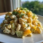 A mound of creamy pickle pasta salad featuring elbow macaroni, yellow peppers, pickles, and topped generously with fresh dill.