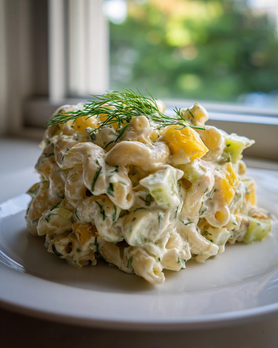 A mound of creamy pickle pasta salad featuring elbow macaroni, chopped pickles, and dill, garnished with fresh dill sprigs.
