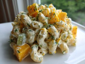 Close-up of a scoop of creamy pickle pasta salad featuring elbow macaroni, orange cheese cubes, and fresh dill.