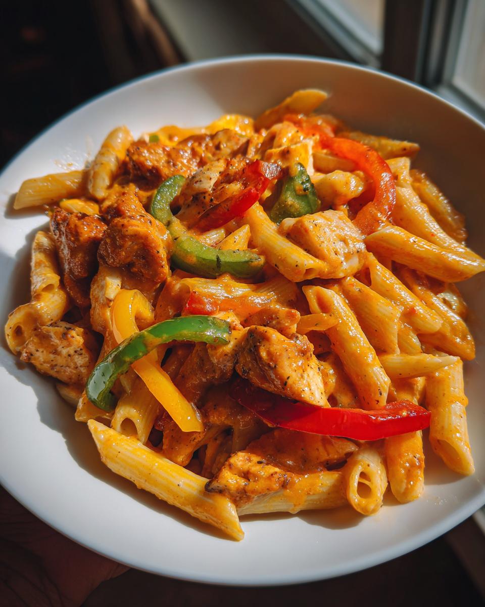 A close-up of a white bowl filled with vibrant rasta pasta, featuring penne, chicken pieces, and colorful bell peppers in a creamy sauce.