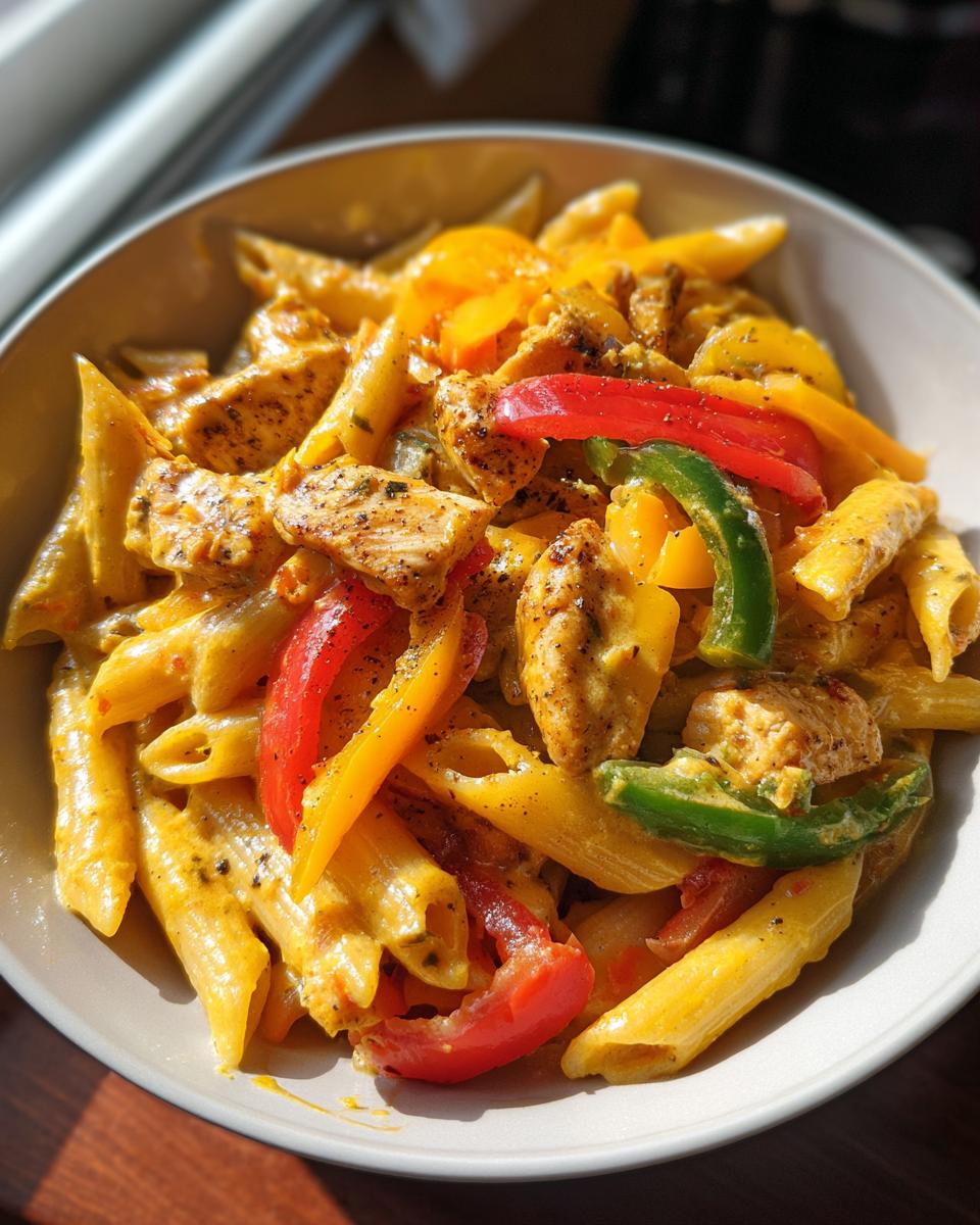 A close-up of a bowl of creamy rasta pasta featuring penne, seasoned chicken pieces, and colorful bell peppers (red, yellow, green).