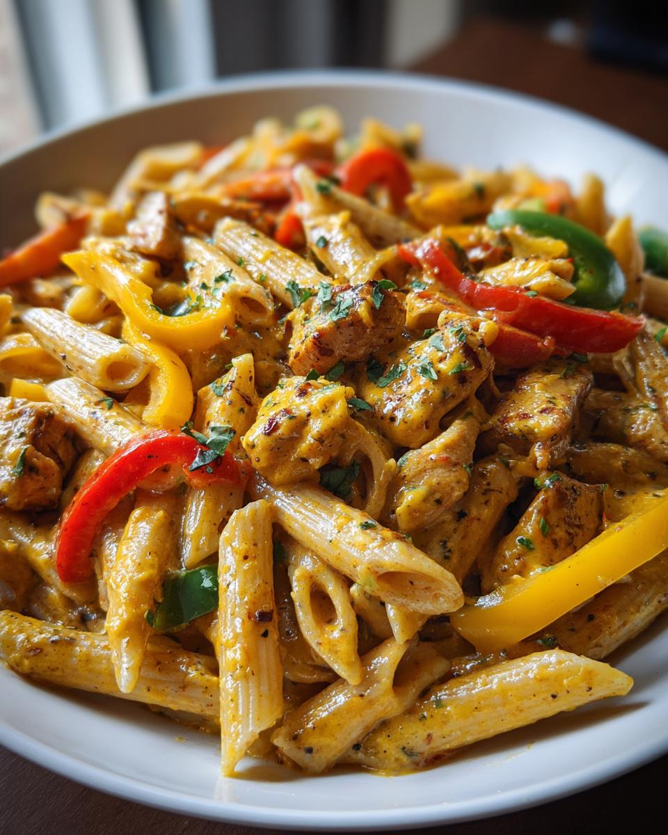 A close-up shot of a bowl filled with vibrant, creamy rasta pasta featuring penne, chunks of seasoned protein, and colorful bell peppers.