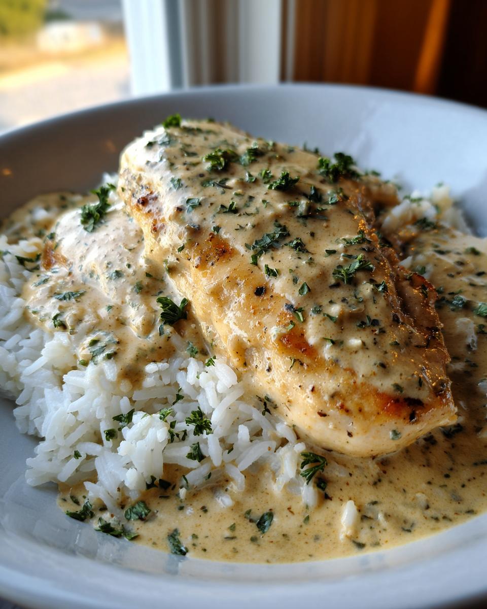 A perfectly cooked chicken breast smothered in creamy sauce served over white rice, featuring the creamy smothered chicken and rice.