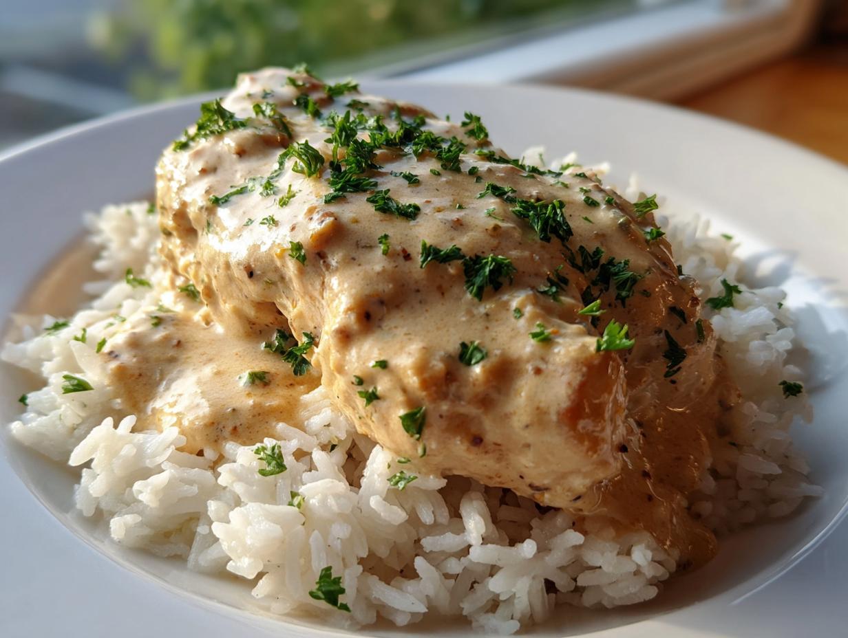 A close-up of creamy smothered chicken and rice, topped with fresh parsley garnish.