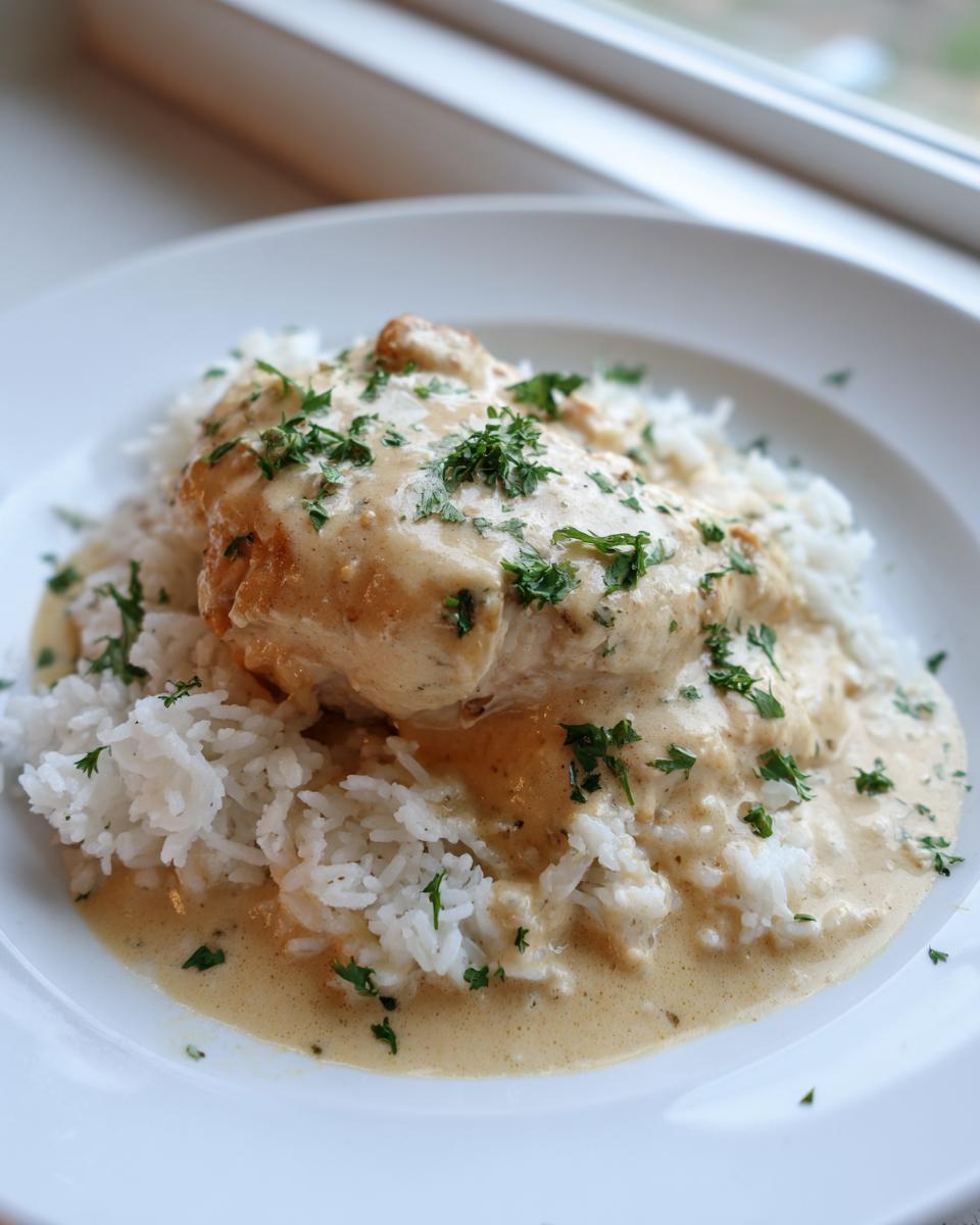A close-up of creamy smothered chicken and rice served on a white plate, topped with fresh parsley.