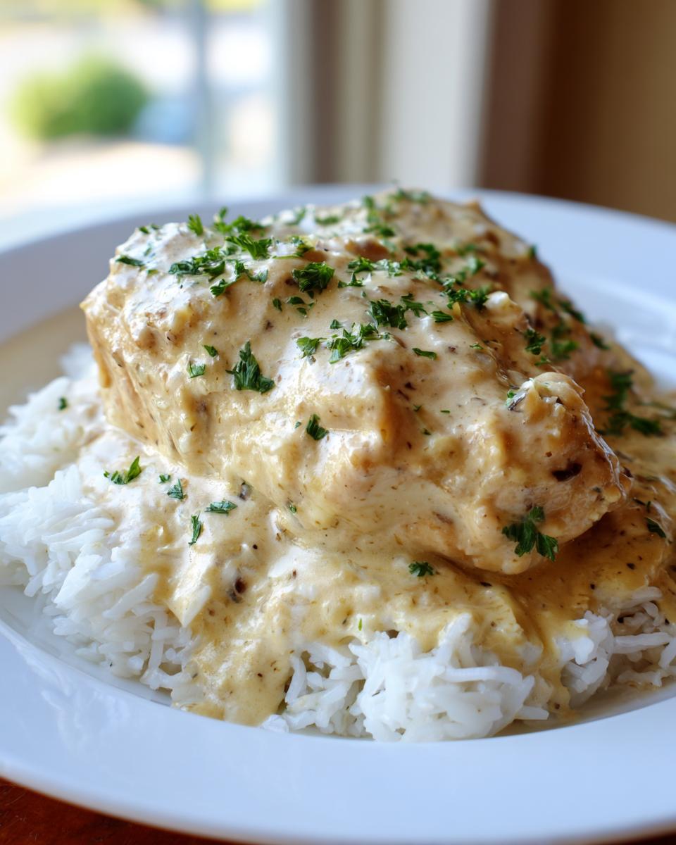 Two pieces of chicken generously covered in a thick, creamy sauce served over a bed of white rice, garnished with parsley, showcasing creamy smothered chicken and rice.