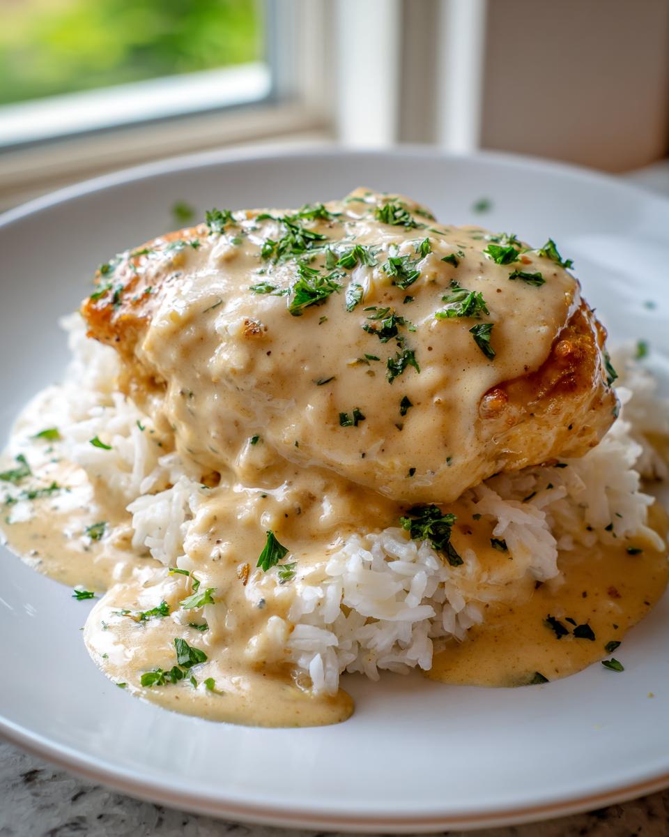 A perfectly cooked piece of creamy smothered chicken and rice topped with fresh parsley garnish.