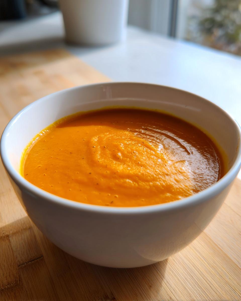 A close-up of vibrant orange squash soup served in a white bowl, sitting on a wooden cutting board near a window.