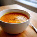 A close-up of creamy orange squash soup topped with black pepper in a white bowl.