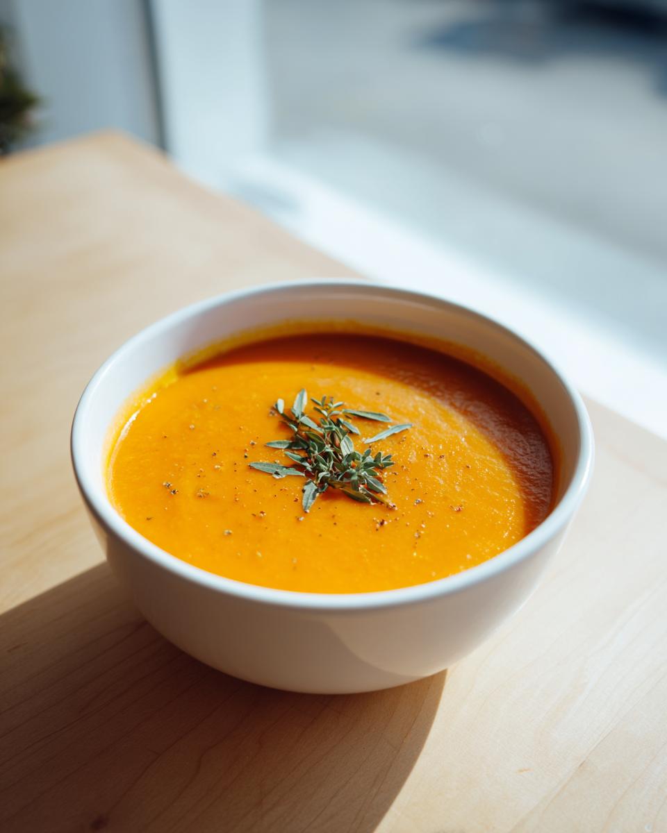 A vibrant bowl of creamy orange squash soup, garnished with fresh thyme sprigs and black pepper.