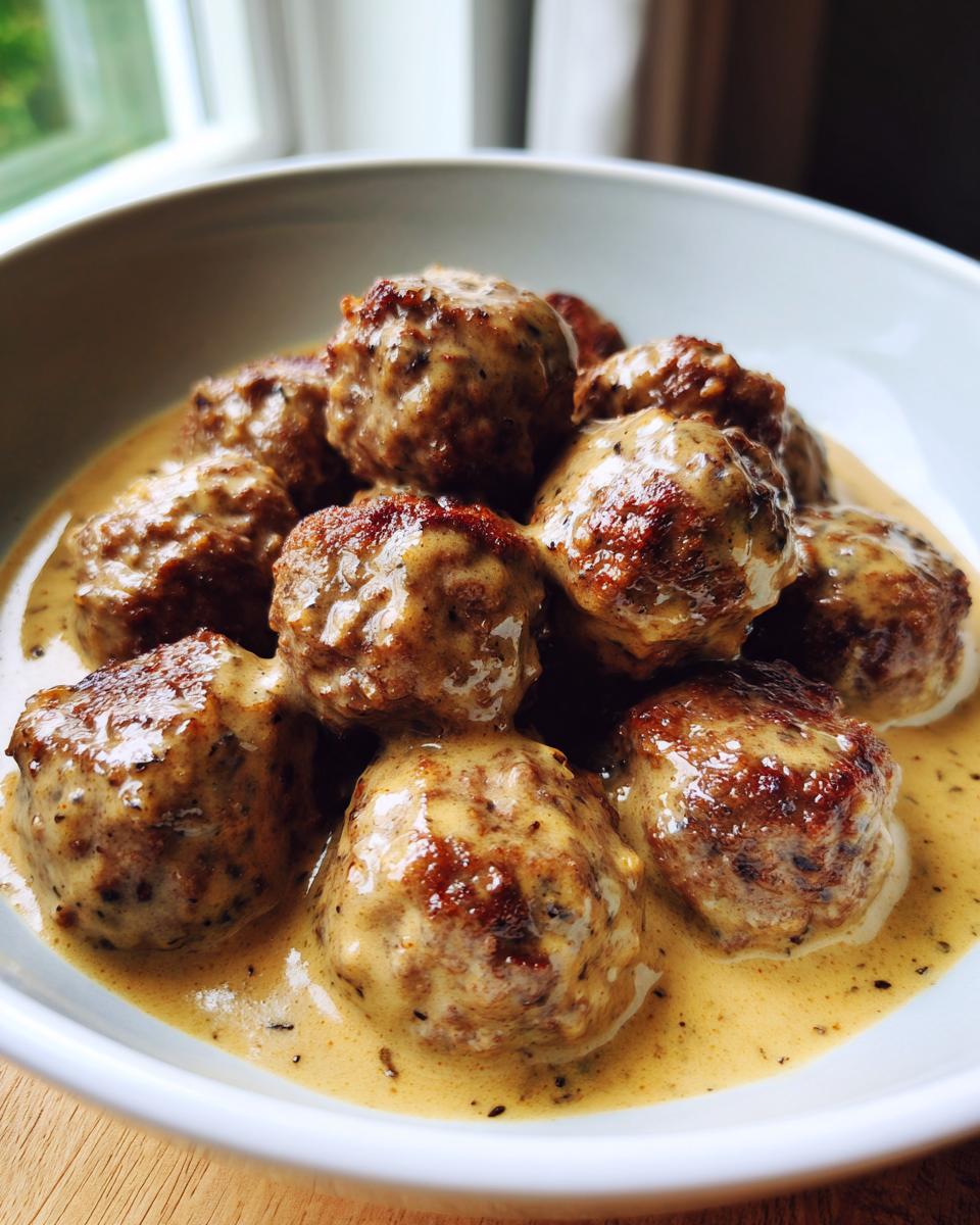 A close-up shot of several browned swedish meatballs swimming in a rich, creamy brown gravy.