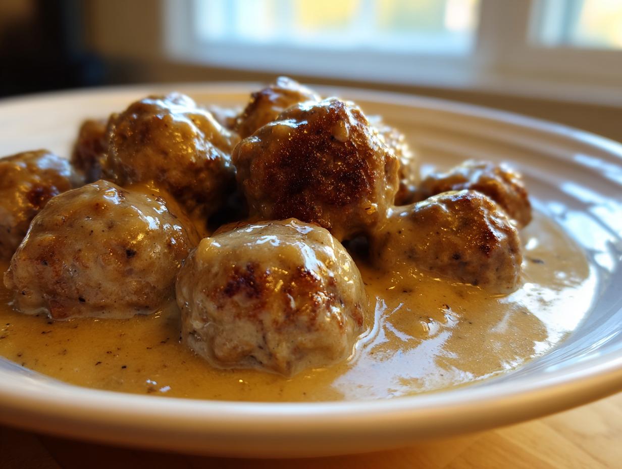 A close-up shot of several browned swedish meatballs generously coated in a creamy, light brown gravy on a white plate.