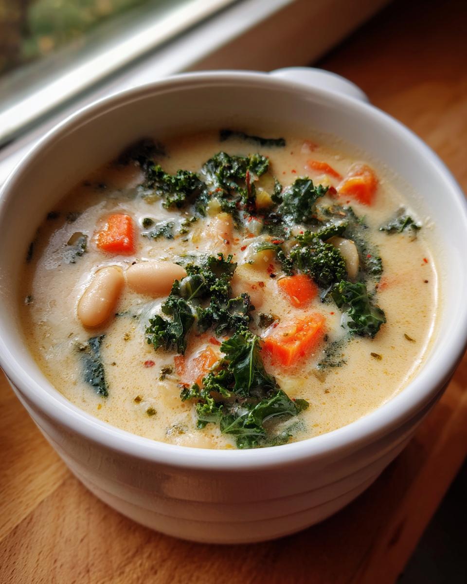 Close-up of a bowl of creamy Tuscan white bean soup, featuring white beans, bright orange carrots, and dark green kale.