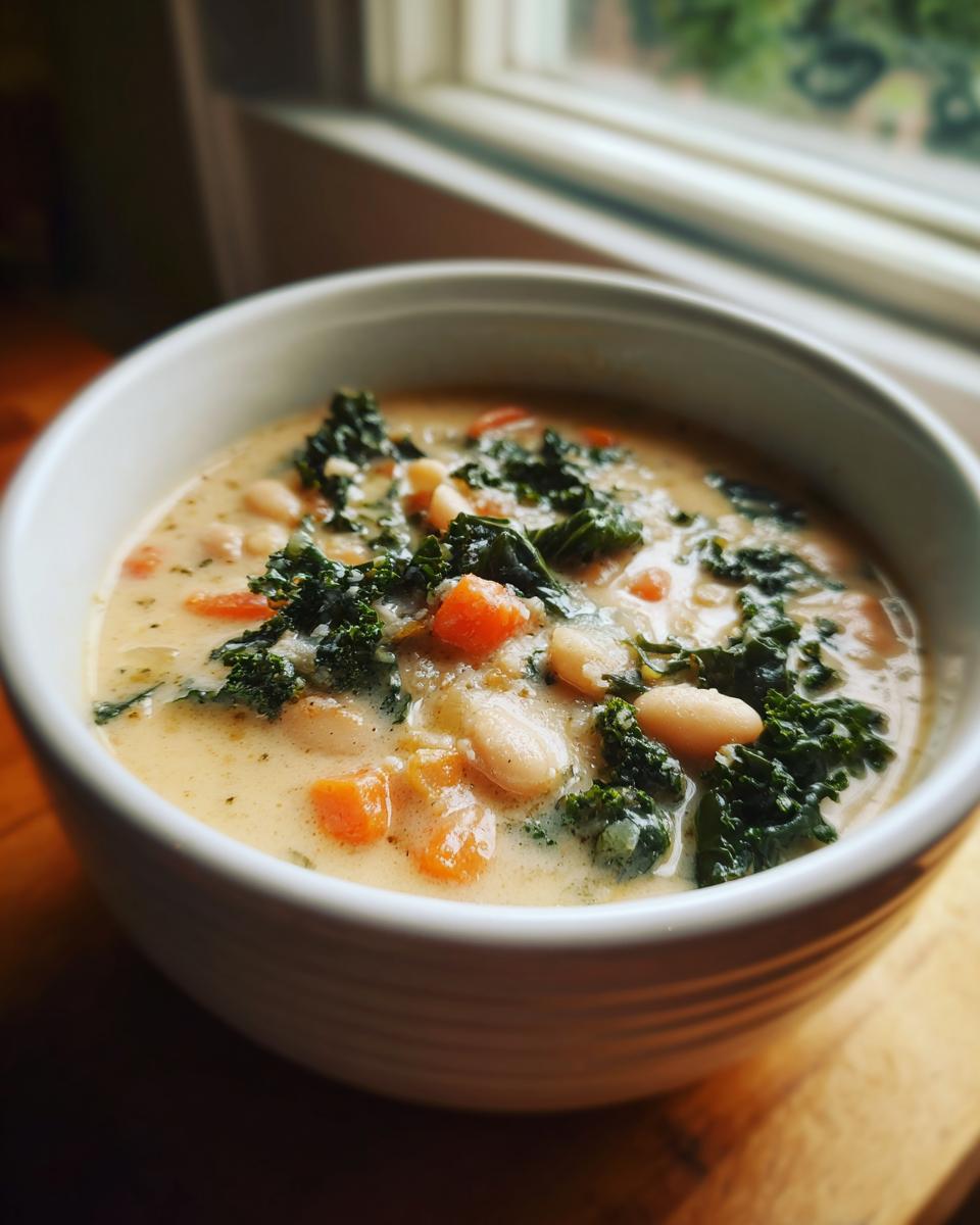 A close-up of a creamy Tuscan white bean soup featuring white beans, diced carrots, and dark green kale in a white bowl.