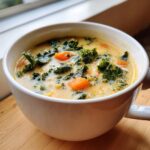 Close-up of a white mug filled with creamy Tuscan white bean soup, featuring green kale and orange carrot chunks.
