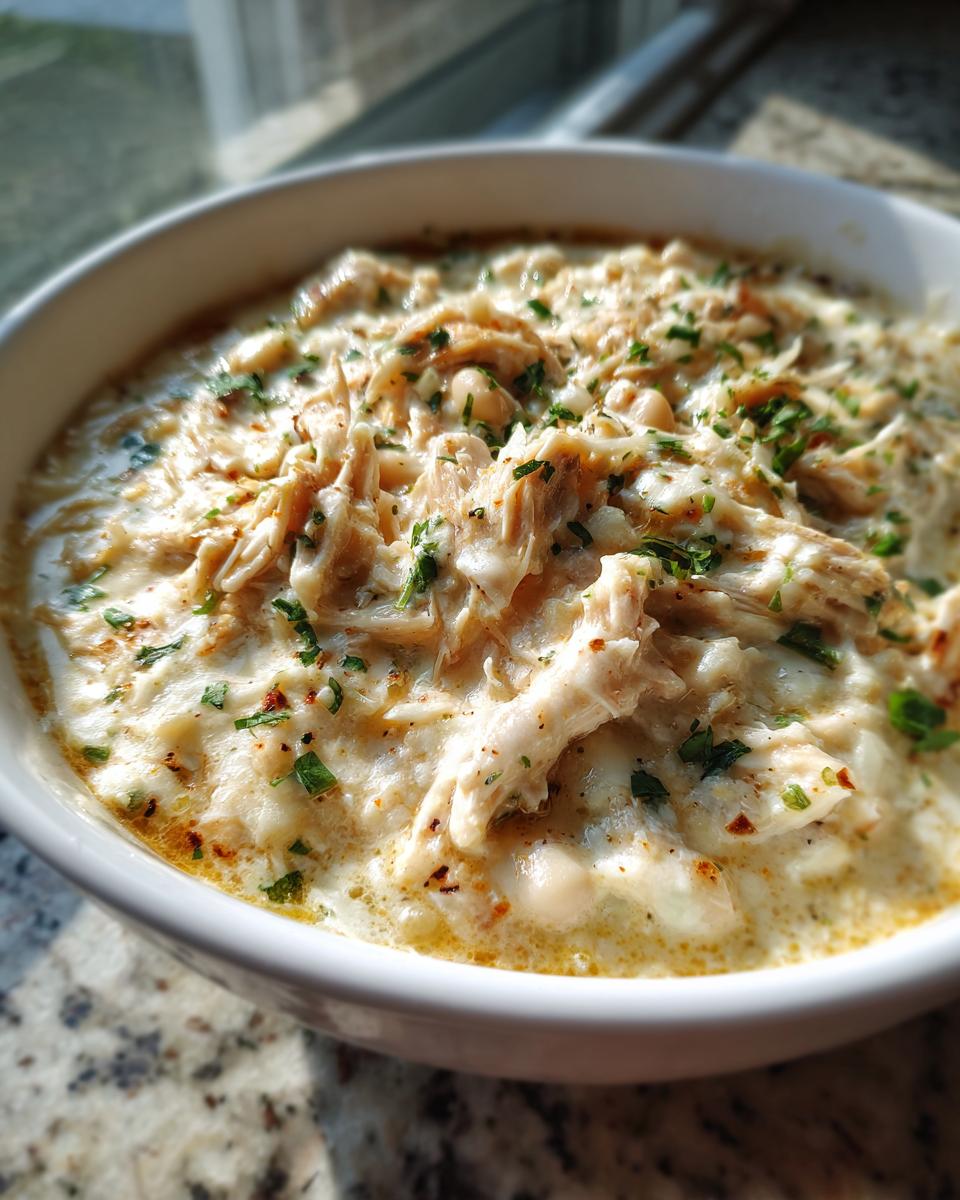 Close-up of a creamy bowl filled with shredded chicken, white beans, and herbs, showcasing the white chicken chili recipe.