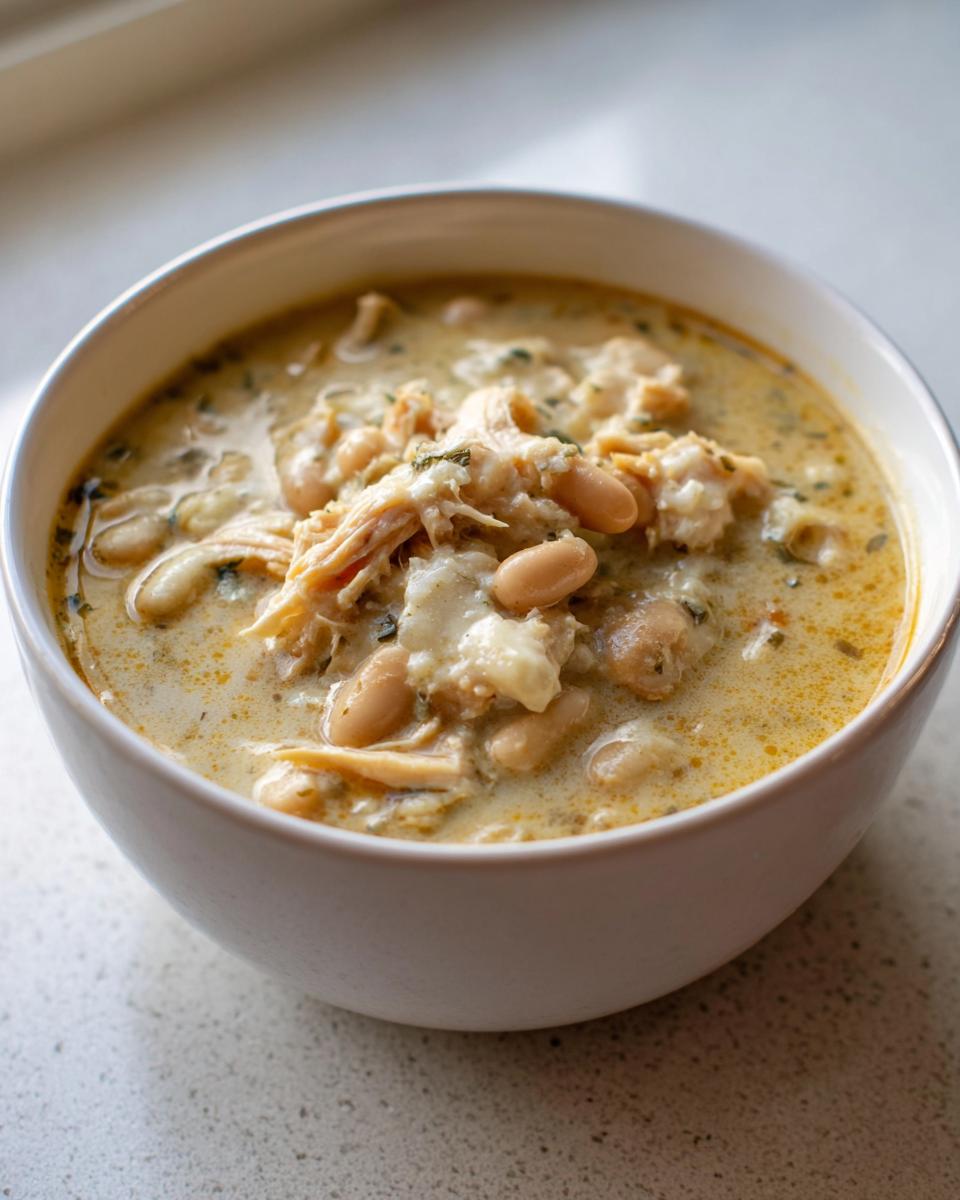 A close-up of a white bowl filled with creamy white chicken chili recipe, showing shredded chicken and white beans.