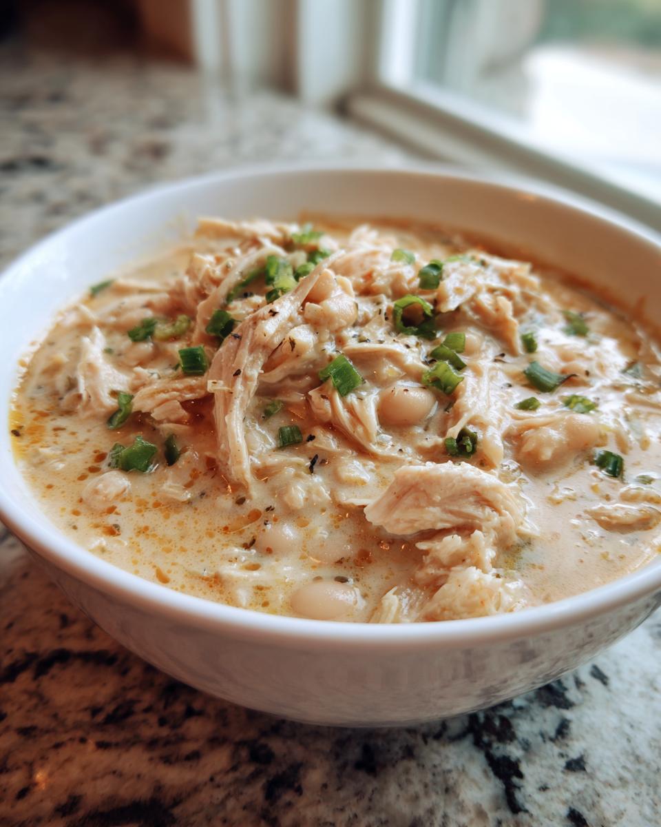 Close-up of a creamy white chicken chili recipe served in a white bowl, topped with shredded chicken and green onions.