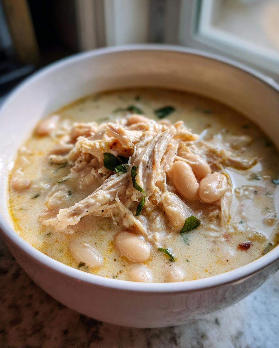 A close-up of a bowl filled with creamy white chicken chili recipe, featuring shredded chicken and white beans.