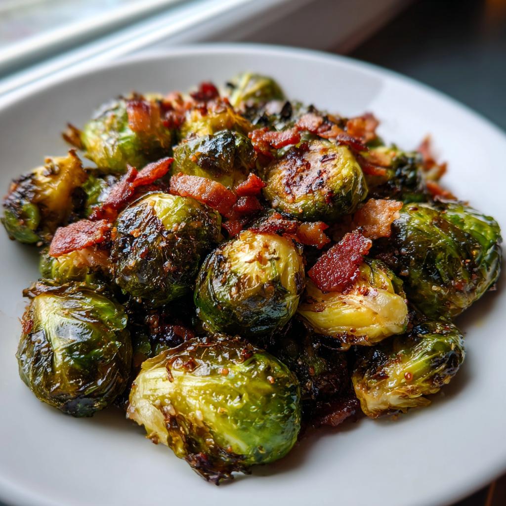 Close-up of perfectly roasted crispy brussels sprouts with maple bacon glaze served on a white plate.
