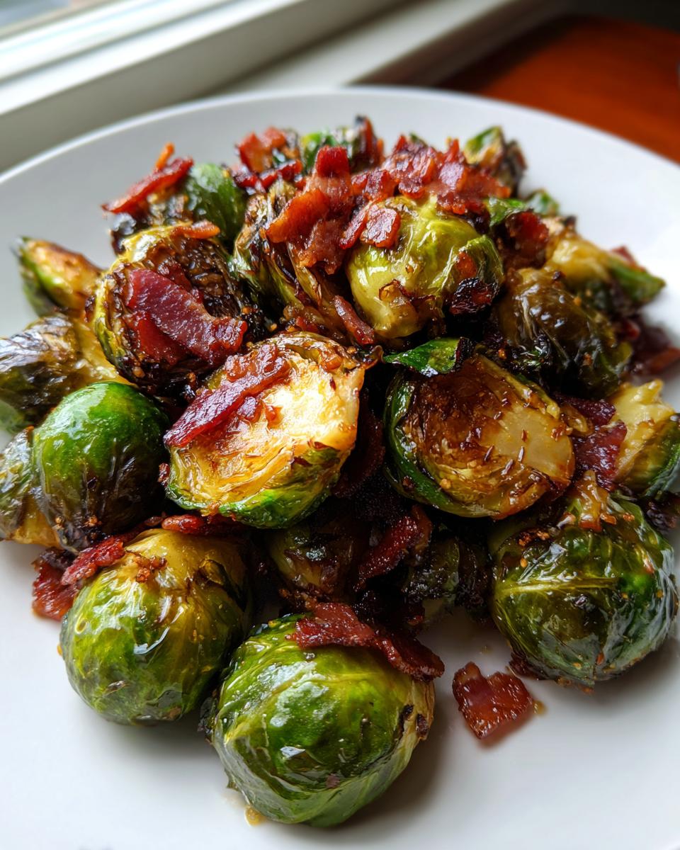 Close-up of perfectly roasted crispy brussels sprouts with maple bacon glaze piled on a white plate.