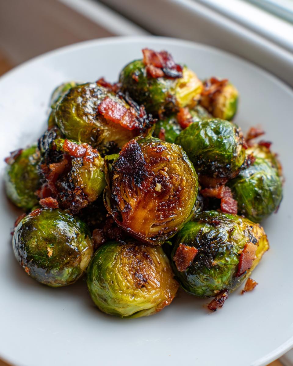 A close-up of perfectly roasted crispy brussels sprouts with maple bacon glaze piled on a white plate.