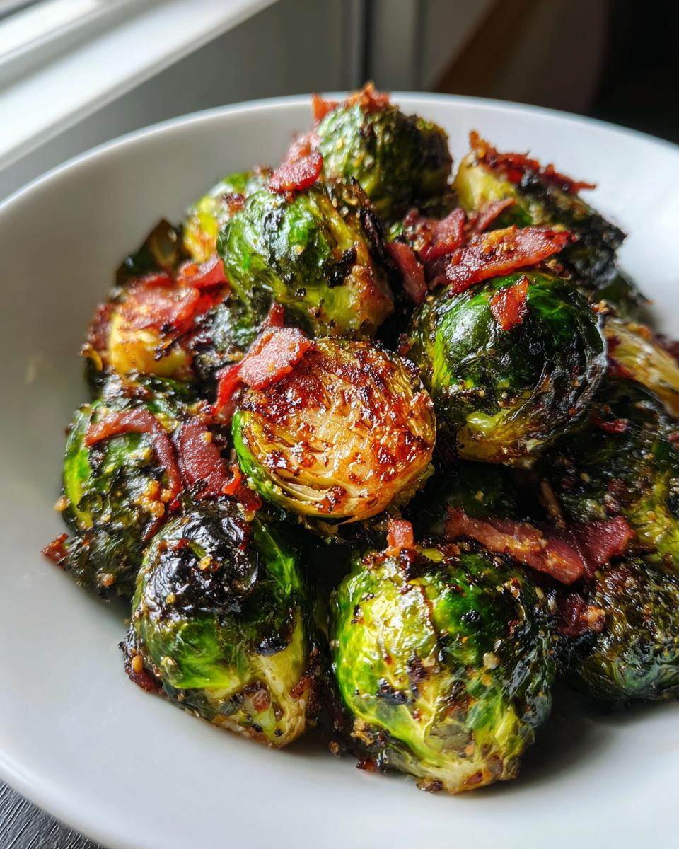A close-up of perfectly roasted crispy brussels sprouts with maple bacon glaze piled high in a white bowl.