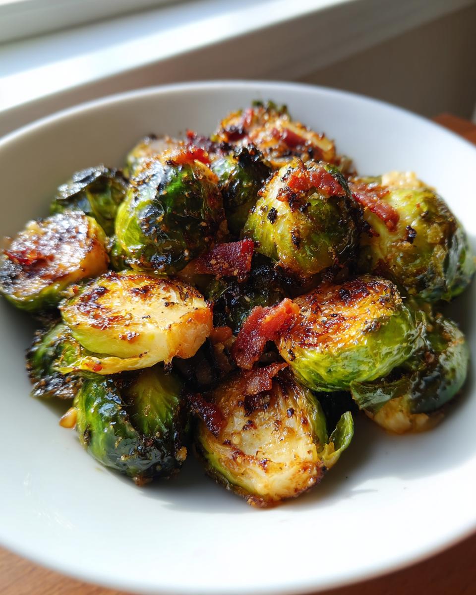 Close-up of roasted, crispy brussels sprouts with maple bacon glaze served in a white bowl.