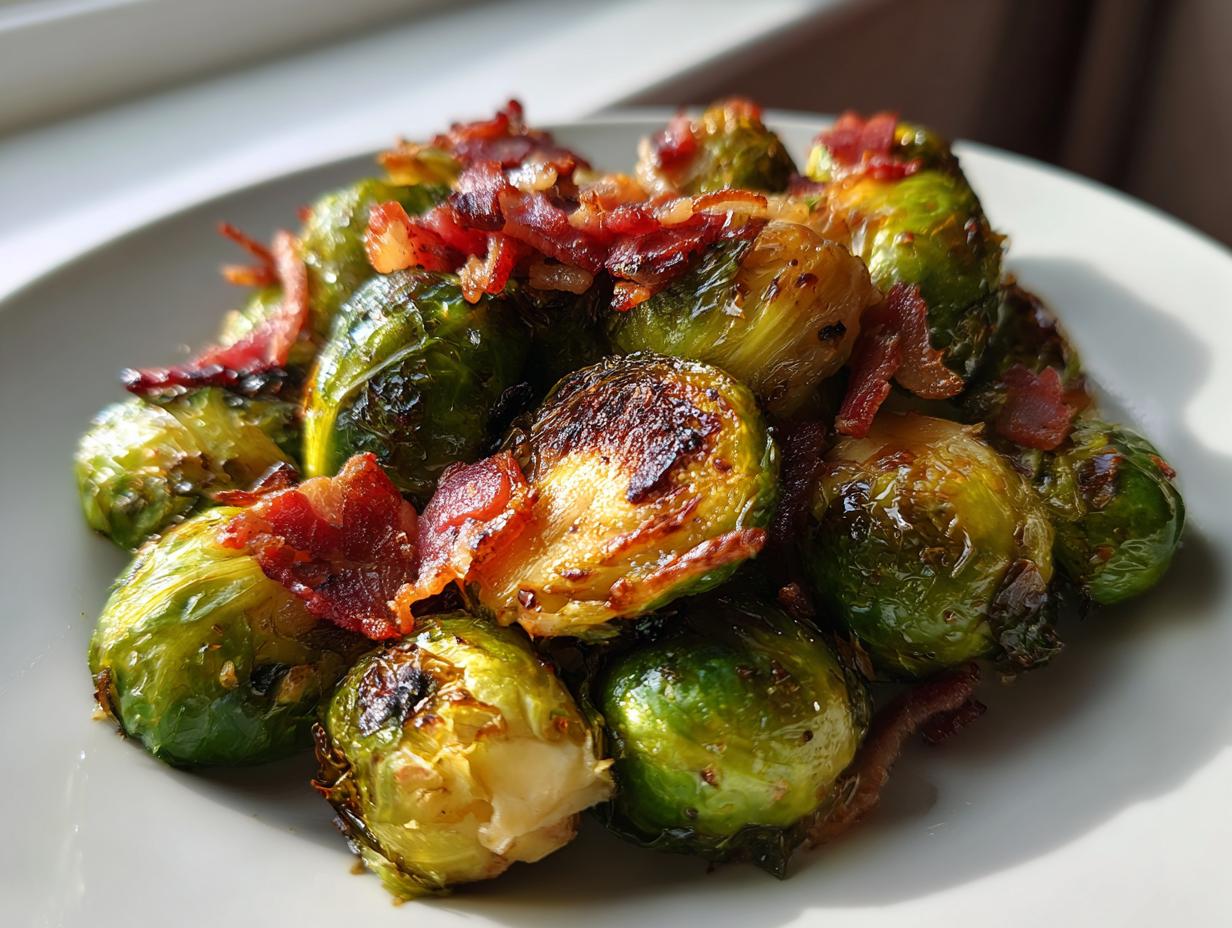 A close-up of perfectly roasted, crispy brussels sprouts topped with crumbled maple bacon.