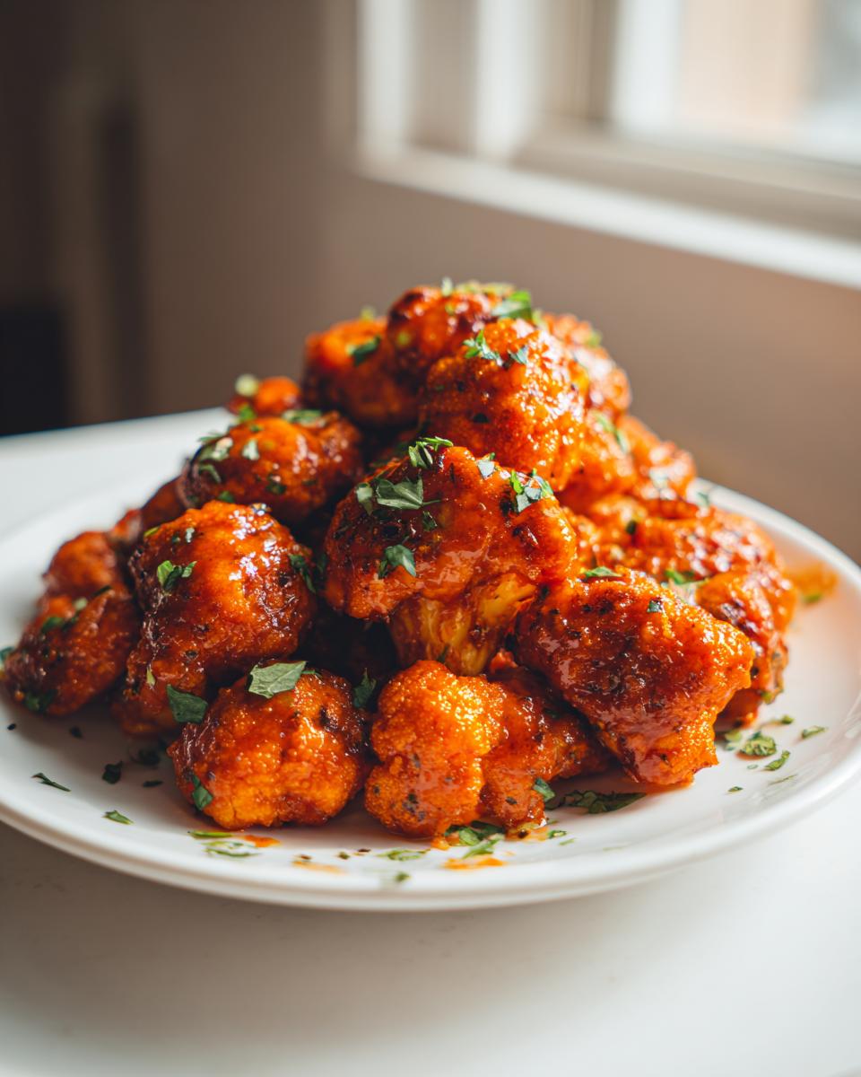 A mound of crispy, saucy buffalo cauliflower garnished with fresh parsley on a white plate.