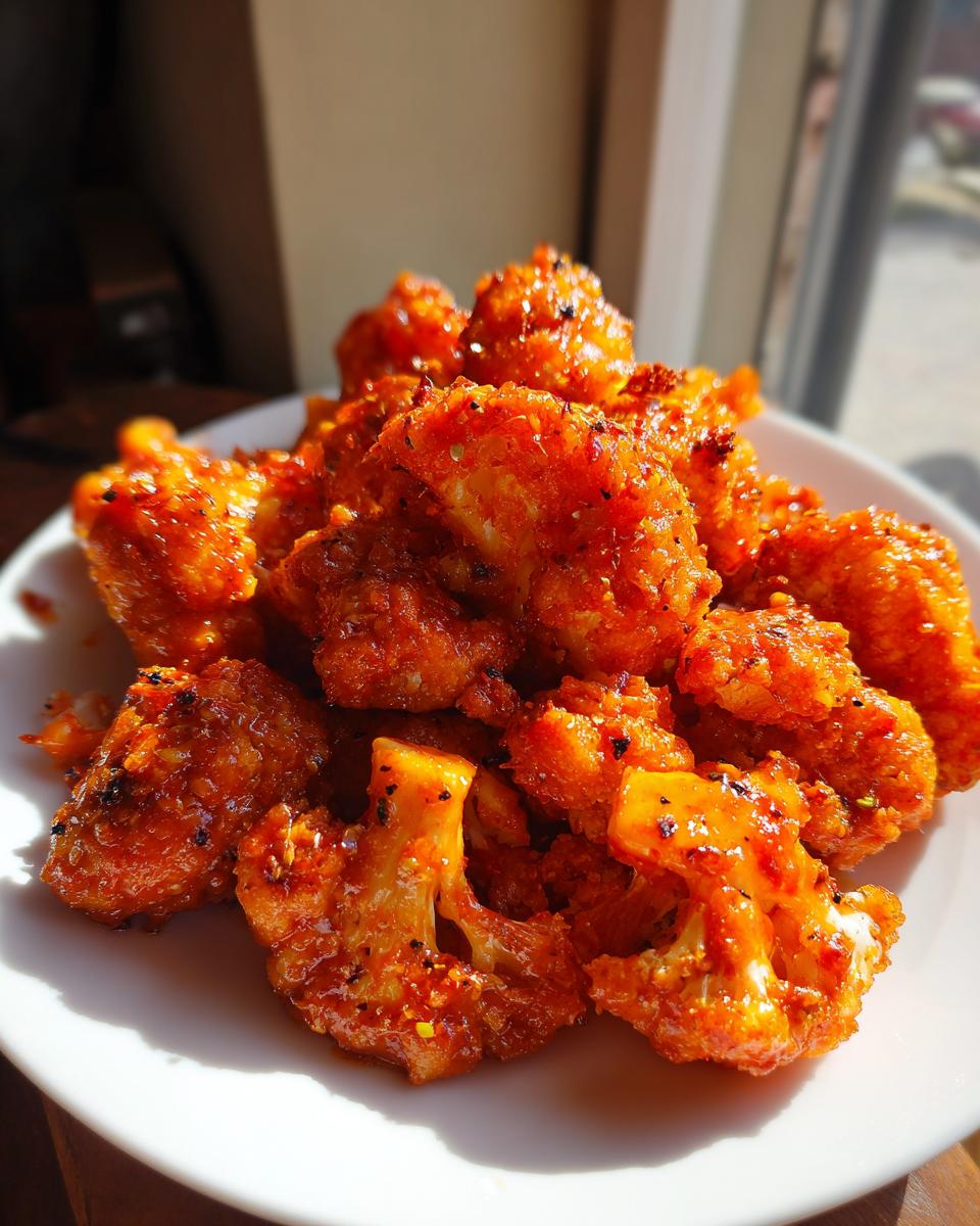 A close-up of crispy, saucy buffalo cauliflower bites piled high on a white plate, glistening in the sunlight.