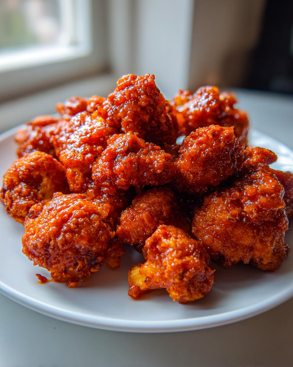 Close-up of a pile of crispy, saucy buffalo cauliflower bites served on a white plate near a window.