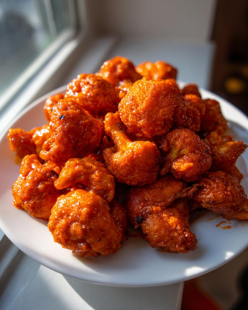 A close-up of crispy, bright orange buffalo cauliflower bites piled high on a white plate near a window.