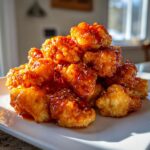 A mound of crispy, saucy buffalo cauliflower bites piled high on a white plate, glistening under bright light.
