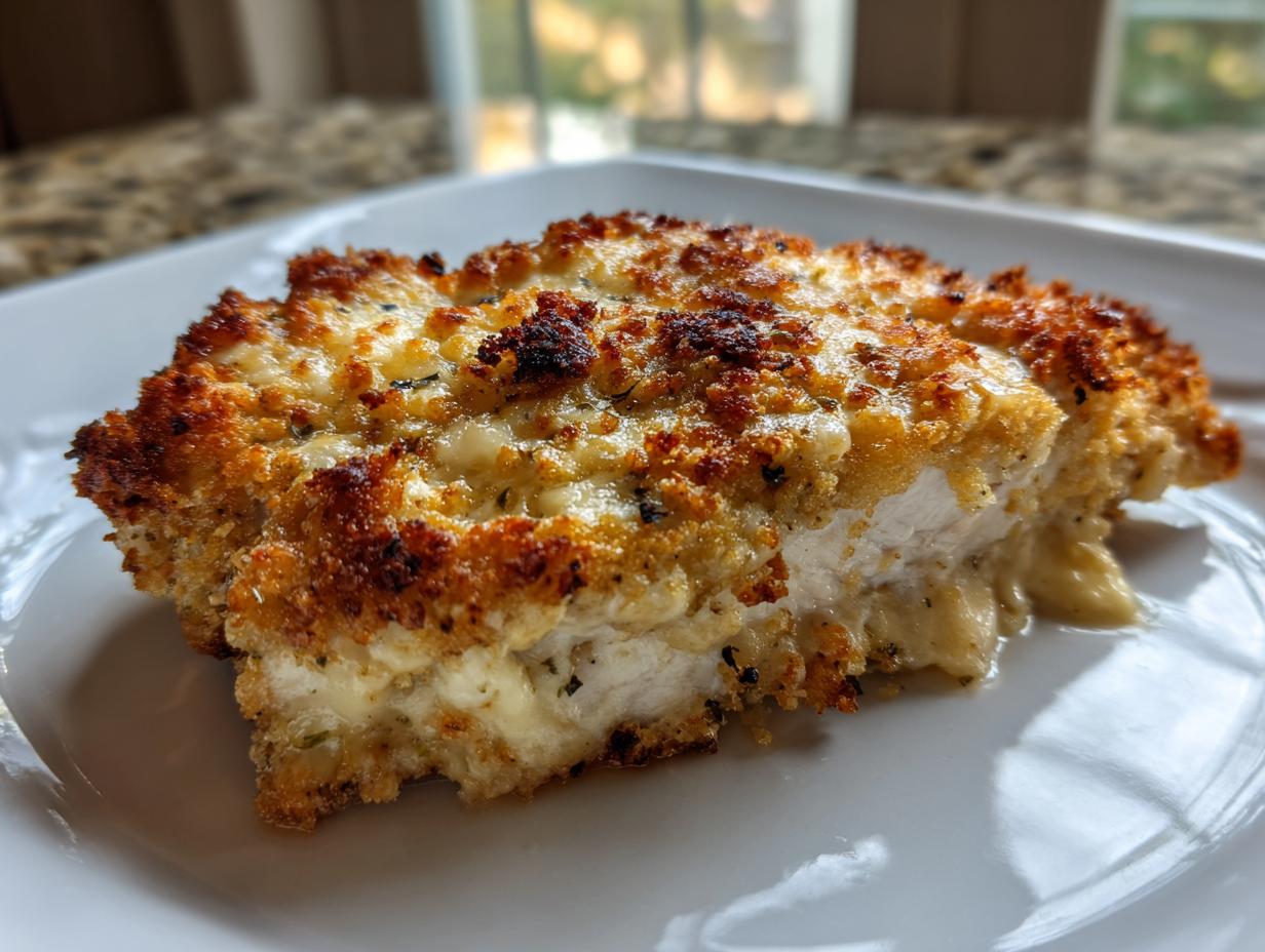 Close-up of a baked caesar chicken breast with a golden, crispy, cheesy topping served on a white plate.