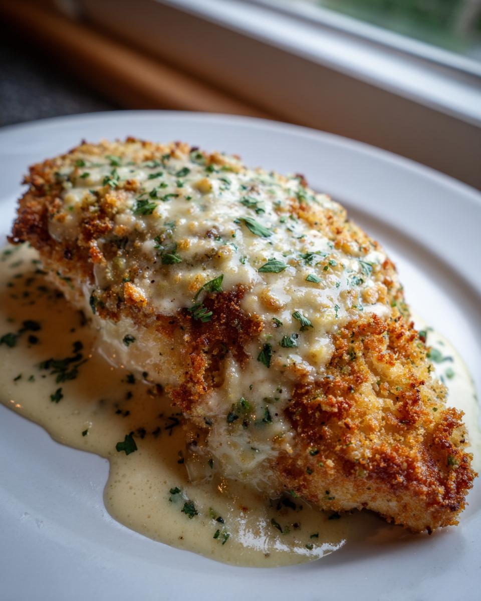 A close-up of a breaded and baked caesar chicken breast topped with creamy sauce and parsley.