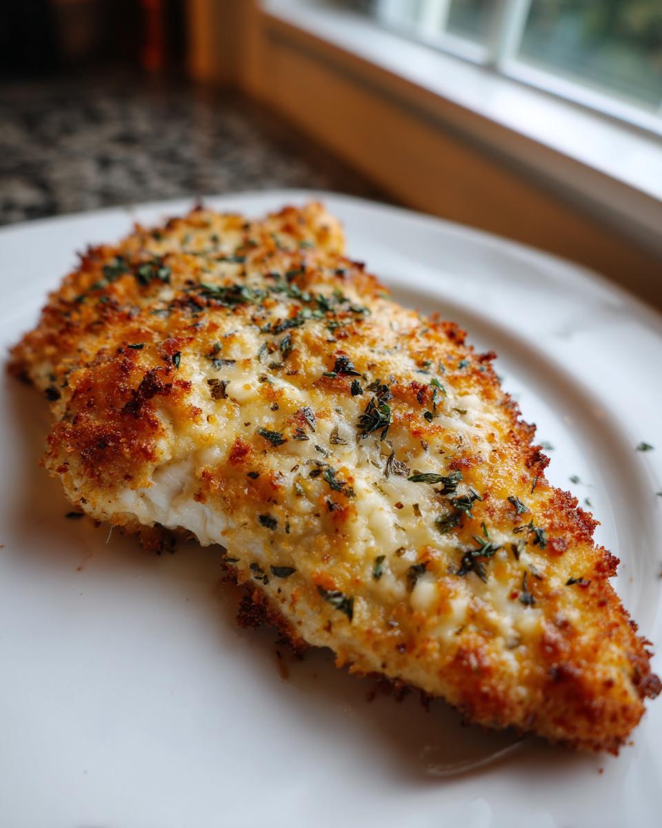 Close-up of a golden brown, baked caesar chicken fillet topped with melted cheese and herbs on a white plate.
