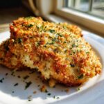 Two golden, crispy breaded caesar chicken fillets topped with fresh parsley, served on a white plate.