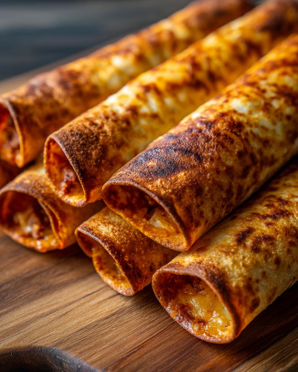Close-up of several golden-brown, crispy cheesy beef flautas stacked on a wooden board.