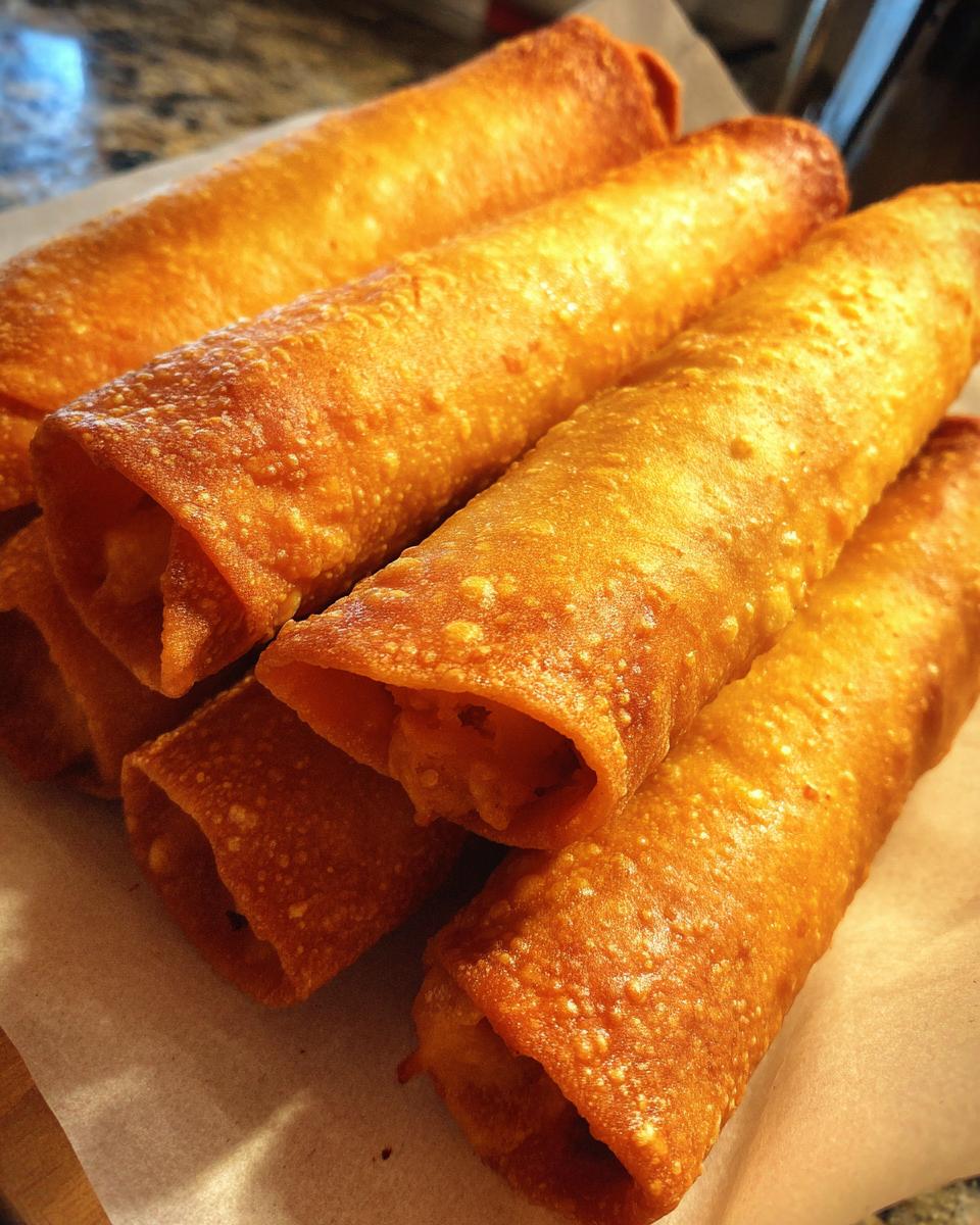 Close-up of several crispy, golden brown cheesy beef flautas stacked on parchment paper.