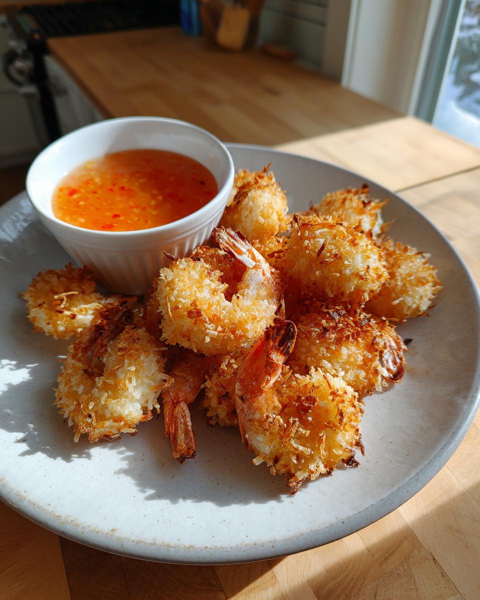 A plate of golden brown, crispy coconut shrimp served with a side of sweet chili dipping sauce.