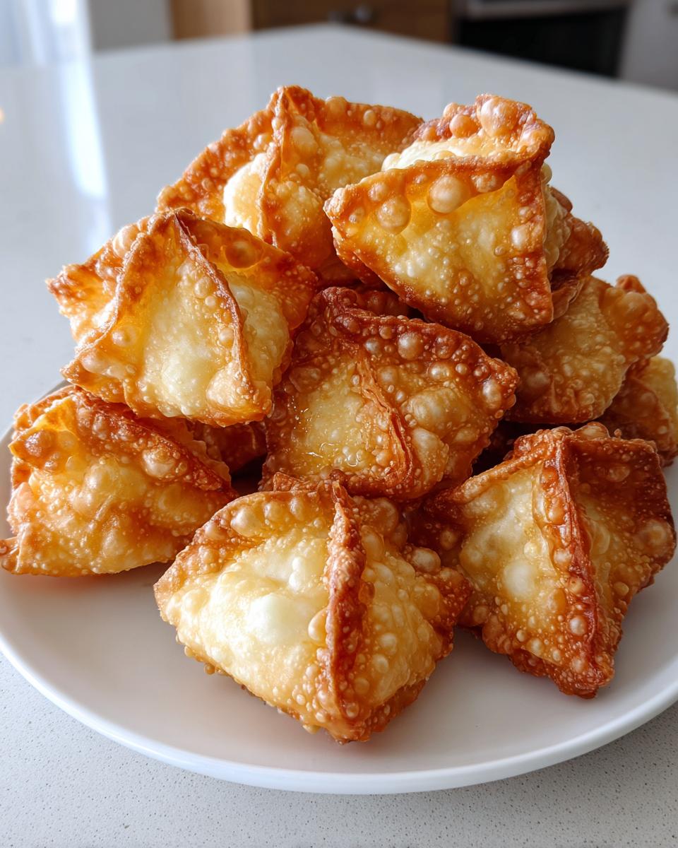A close-up of a mound of golden-brown, crispy homemade crab rangoons piled high on a white plate.