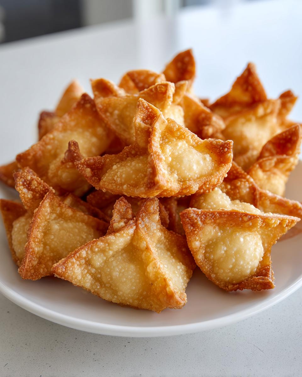 A close-up shot of a generous pile of golden brown, crispy homemade crab rangoons served on a white plate.