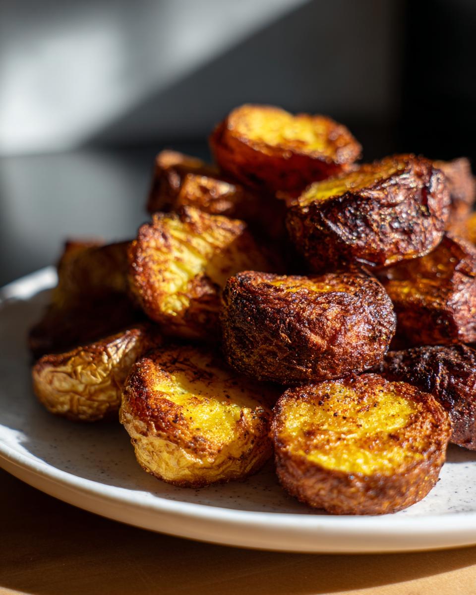 A close-up stack of golden brown, crispy oven roasted potatoes on a white speckled plate.