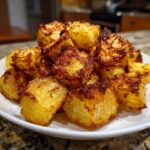 A close-up of a mound of golden brown, crispy oven roasted potatoes on a white plate.