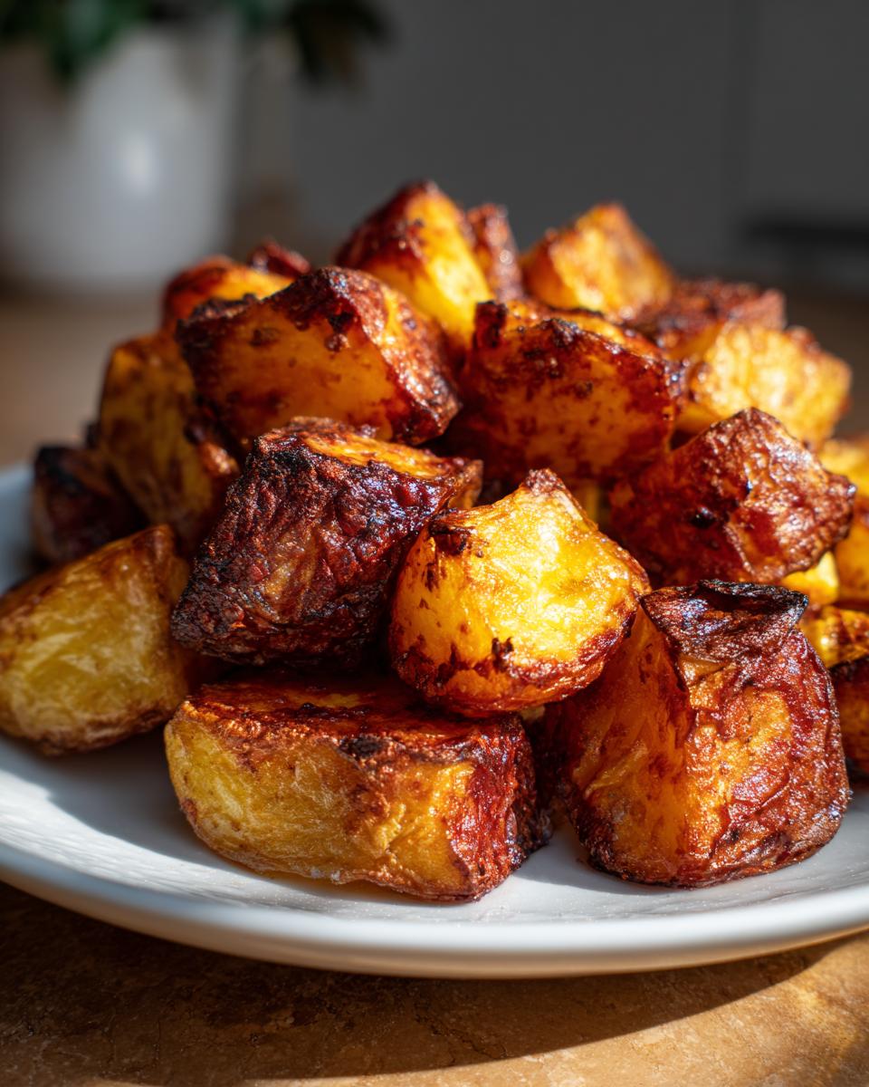 A close-up stack of golden brown, crispy oven roasted potatoes piled high on a white plate.